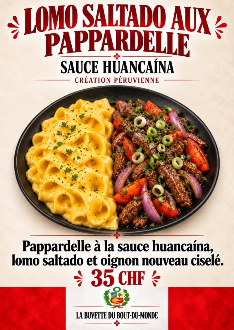 Lomo saltado aux pappardelle, sauce huancaína