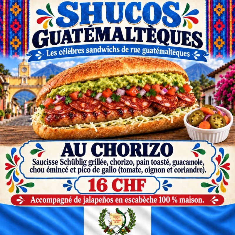 Shuco guatémaltèque — Le chorizo Saucisse Schüblig de Saint-Gall grillée et chorizo ibérique.