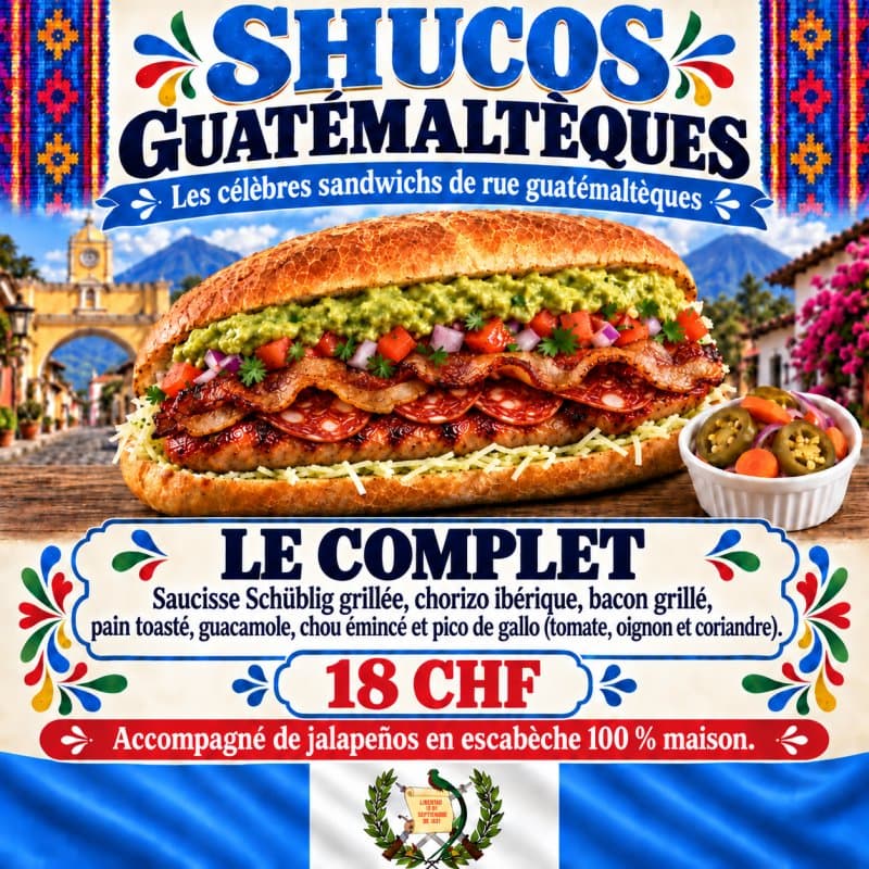 Shuco guatémaltèque — Le complet Saucisse Schüblig de Saint-Gall grillée, chorizo ibérique et bacon grillé.