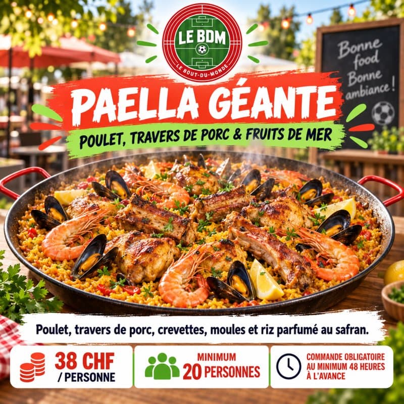 PAELLA GÉANTE « POULET, TRAVERS DE PORC & FRUITS DE MER »