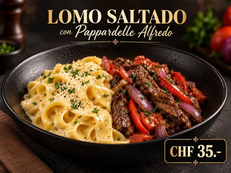 Lomo saltado aux pappardelle Alfredo